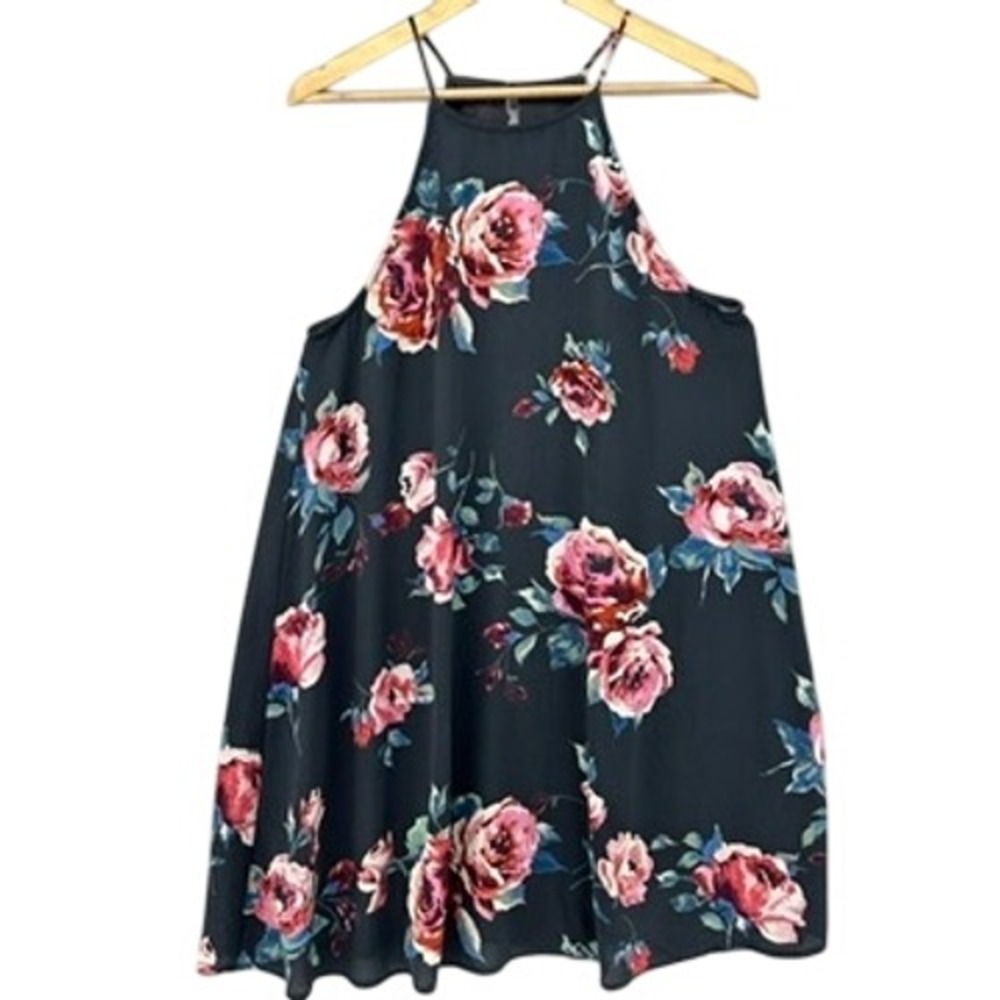 Everly Floral Halter Mini Dress Womens Large Navy Pink Rose Sleeveless DR5966A